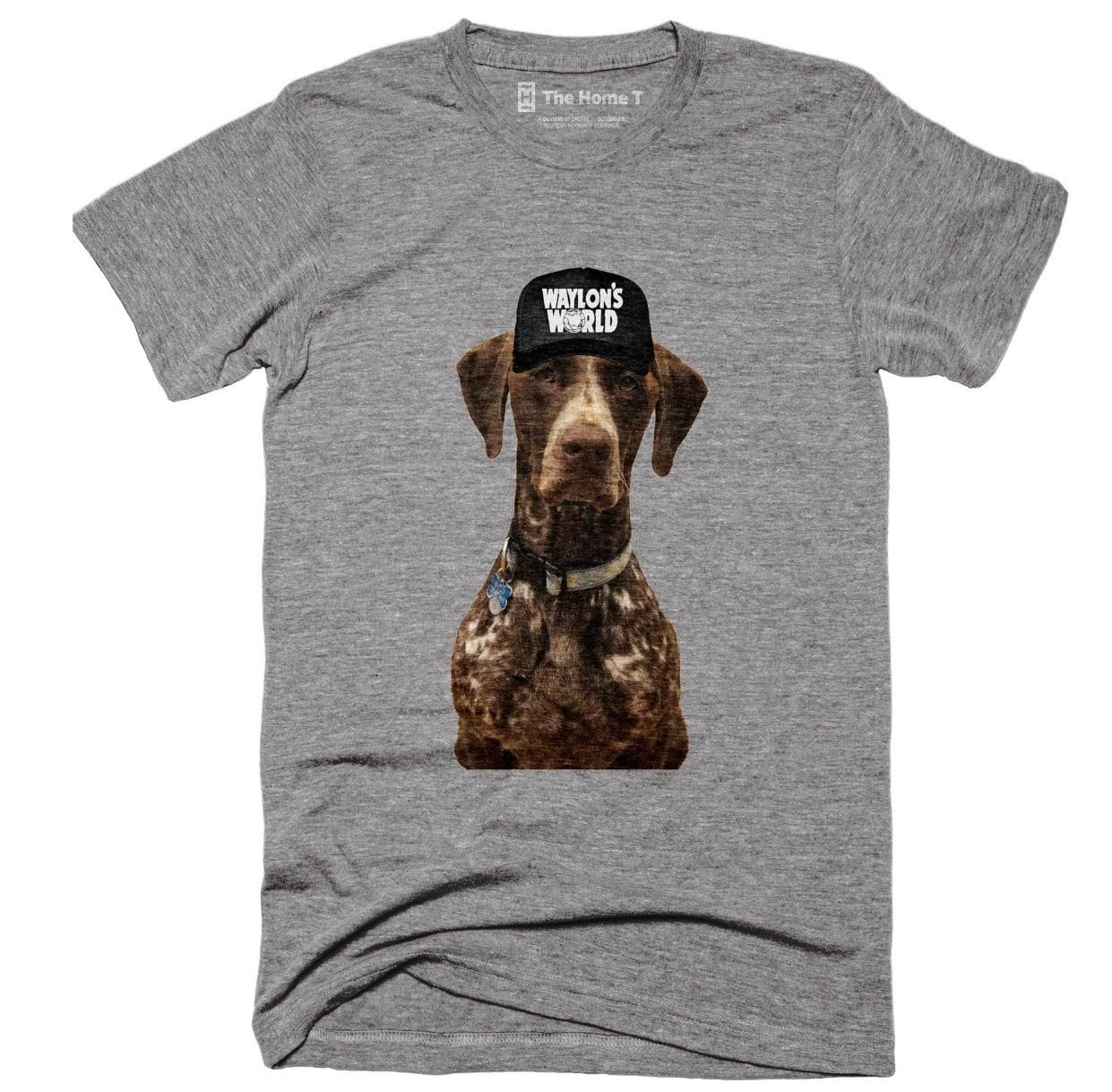 Unique The Home T shirt with a dog wearing a "Waylon's World" hat design, showcasing state pride, sports, and festive themes.
