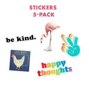 Stickers 5 pack. Be Kind, Flamingo Kicks, Multicolor Peace, Chicken Butt, and Happy Thoughts.